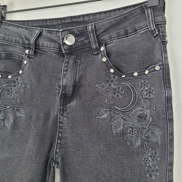 Killstar Anika Jeans Skinny Embroidered Moon Pentagram Studded Black Size XS - Picture 9 of 14